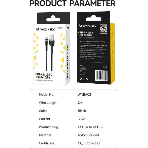 Kabel USB Wozinsky USB-A - USB-C 1 m Czarny (5907769308710) 13804523 5907769308710