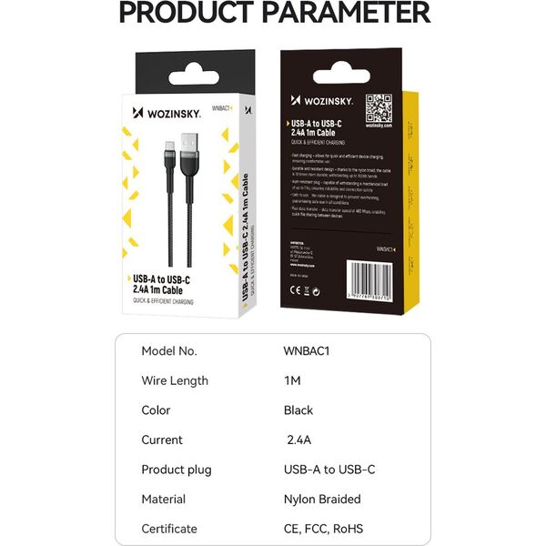 Kabel USB Wozinsky USB-A - USB-C 2 m Czarny (5907769308727) 13804525 5907769308727