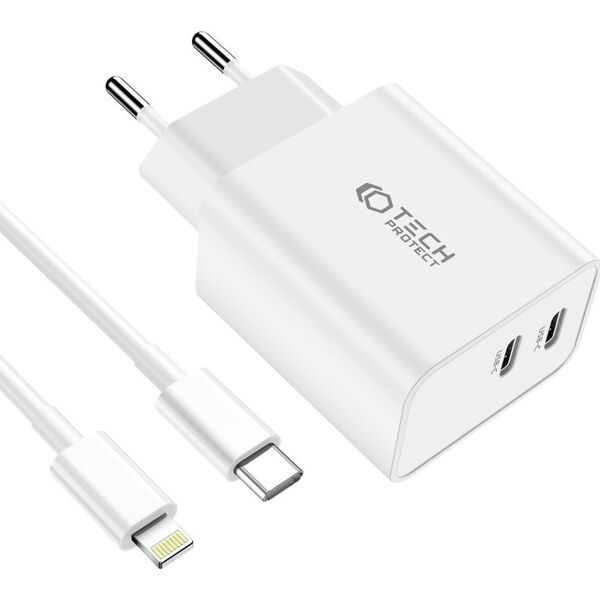 Ładowarka Tech-Protect TECH-PROTECT C35W 2-PORT NETWORK CHARGER PD35W + LIGHTNING CABLE WHITE 13816322 9319456605587