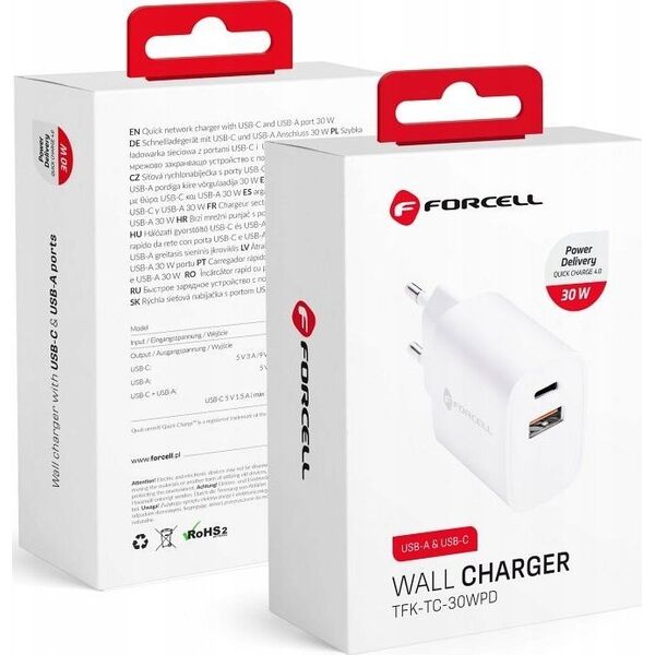 Ładowarka ForCell FORCELL F-ENERGY TFK-TC-30WPD ładowarka sieciowa Typ C + USB A PD QC4.0 3A 30W biała 13844053 5903396198052