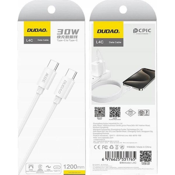 Kabel USB Dudao USB-C - USB-C 1.2 m Biały (6976625331765) 13846703 6976625331765