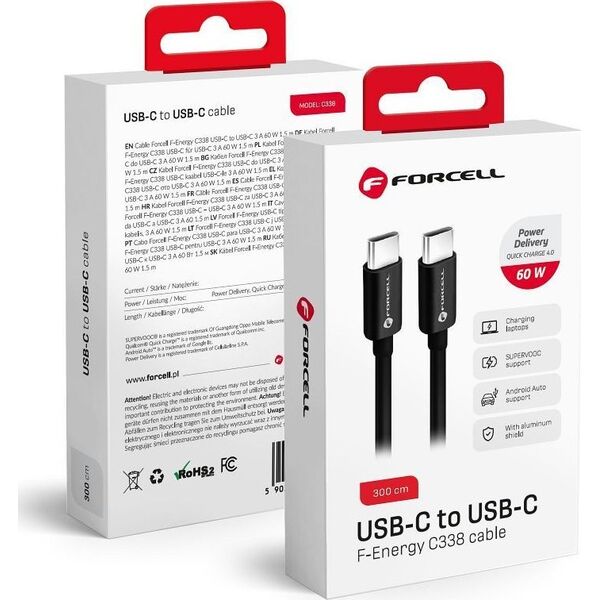 Kabel USB ForCell FORCELL F-ENERGY C338 kabel Typ C do Typ C PD QC4.0 3A 60W 3 m czarny 13886392 5903396220654