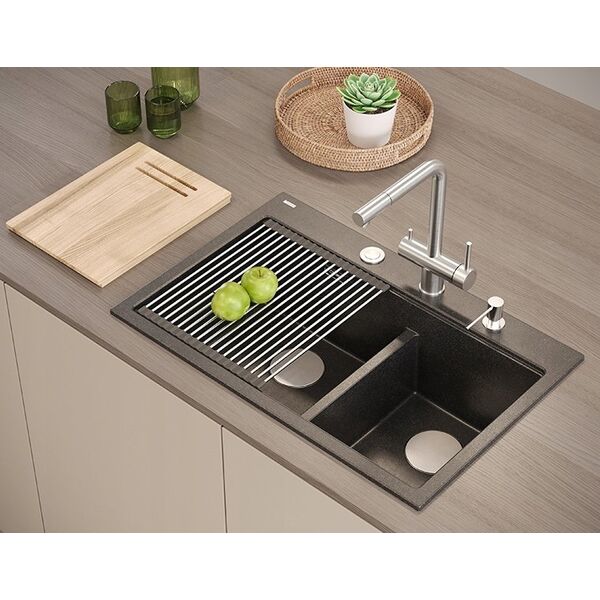 Zlewozmywak GraniteQ MARC 120 WORKSTATION GraniteQ zlewozmywak 2-komorowy 760*500*235 mm soft taupe + syfon push to open + dozownik stal szcz.+ wkładka ociekowa+ Qmata +de 13916760 5905505508097