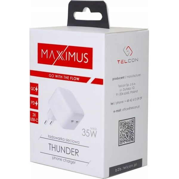 Ładowarka Maxximus ŁADOWARKA SIECIOWA MX THUNDER PD 35W, 2xUSB-C, WHITE / BIAŁY 13938377 5901313560951