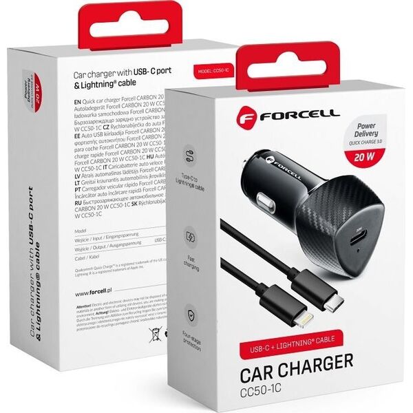 Ładowarka ForCell FORCELL F-ENERGY Carbon CC50-1C ładowarka samochodowa Typ C + kabel Typ C do Lightning PD 3A 20W czarna 13938526 5903396209536