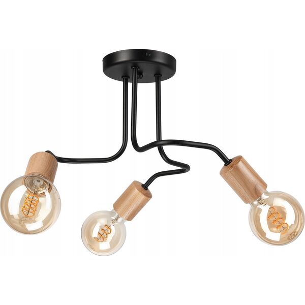 Lampa sufitowa Lamkur Lamkur Conor 47416 plafon lampa sufitowa metalowy edison pręty 3x60W E27 czarny/drewno 13940627 5907687447416
