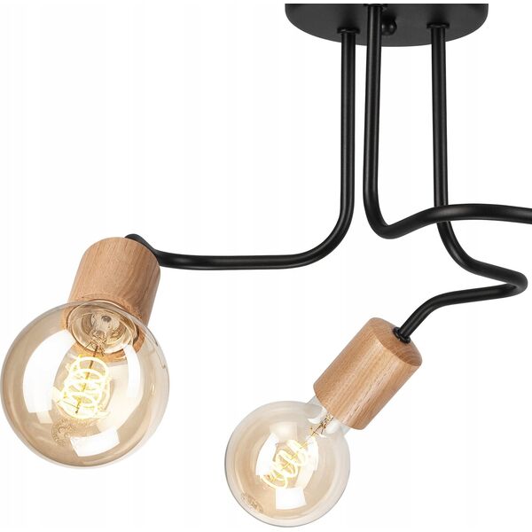 Lampa sufitowa Lamkur Lamkur Conor 47416 plafon lampa sufitowa metalowy edison pręty 3x60W E27 czarny/drewno 13940627 5907687447416
