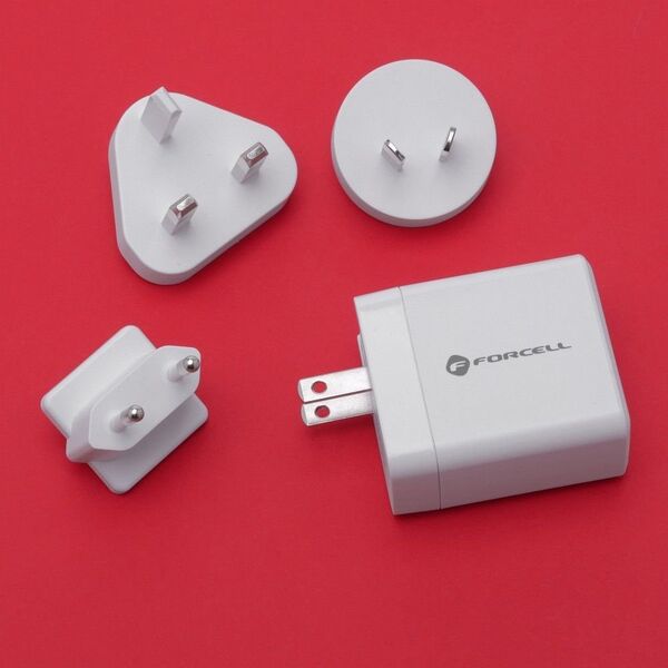 Ładowarka ForCell FORCELL F-ENERGY TFK-TC-45WPDAC ładowarka sieciowa 3w1 Typ C + USB A PD QC4.0 3A 45W z wymiennymi wtyczkami (EU / UK / US) biała 13959158 5903396231469