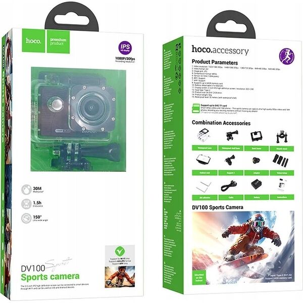 Kamera Hoco HOCO kamera sportowa z wyświetlaczem 2" 1080P/30fps DV100 czarna 13968311 6942007616799