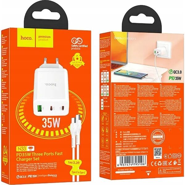 Ładowarka Hoco HOCO ładowarka sieciowa 2 x Typ C + USB A + kabel Typ C do Typ C PD QC3.0 3A 35W N33 biała 13968324 6942007621090