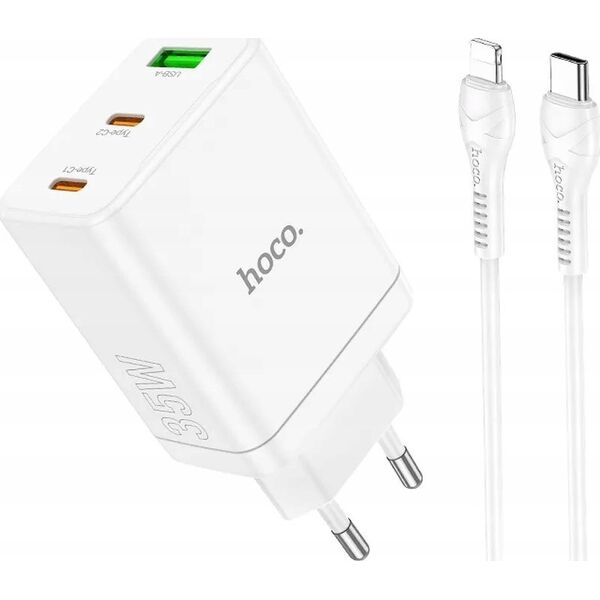 Ładowarka Hoco HOCO ładowarka sieciowa 2 x Typ C + USB A + kabel Typ C do Lightning PD QC3.0 3A 35W N33 biała 13968325 6942007621083