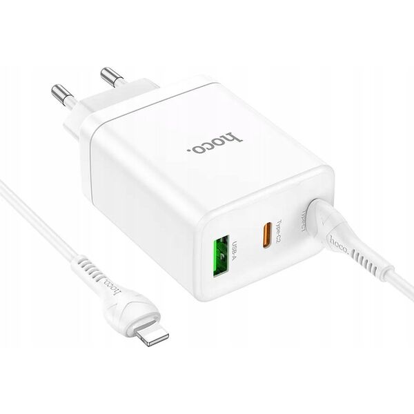 Ładowarka Hoco HOCO ładowarka sieciowa 2 x Typ C + USB A + kabel Typ C do Lightning PD QC3.0 3A 35W N33 biała 13968325 6942007621083