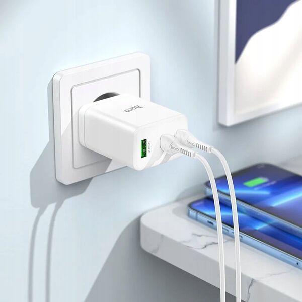 Ładowarka Hoco HOCO ładowarka sieciowa 2 x Typ C + USB A + kabel Typ C do Lightning PD QC3.0 3A 35W N33 biała 13968325 6942007621083