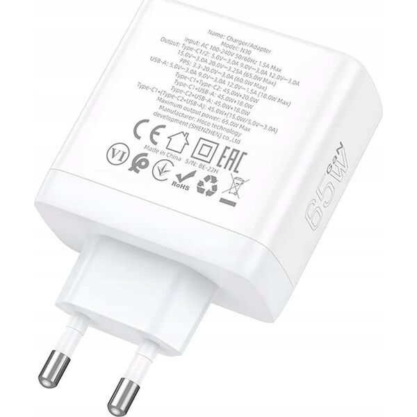 Ładowarka Hoco HOCO ładowarka sieciowa 2 x Typ C + USB A QC PD 65W GaN N30 biała 13975495 6942007621069