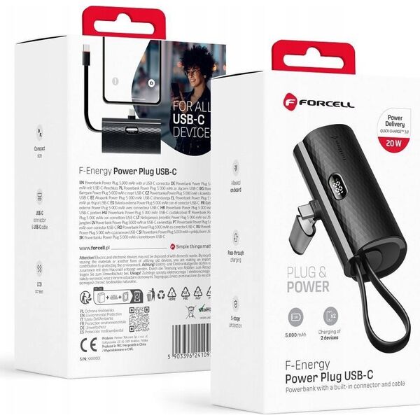 Powerbank ForCell FORCELL F-ENERGY Power Plug F5K3 powerbank 5 000mAh z wbudowanym złączem Typ C PD 20W czarny 13979007 5903396241093