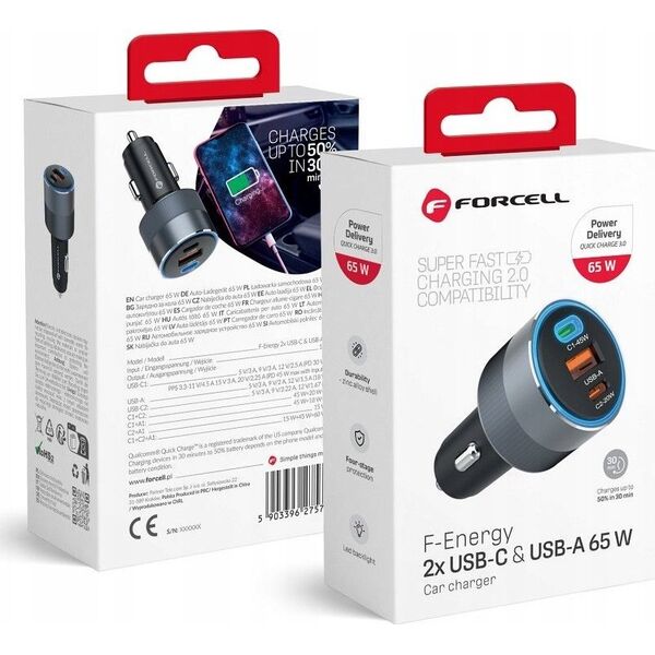 Ładowarka ForCell FORCELL F-ENERGY Alu ładowarka samochodowa 2 x Typ C + USB A PD QC4.0 SFC2.0 4,5A 65W szara 13984486 5903396275739