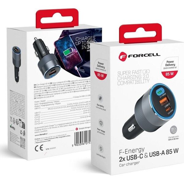Ładowarka ForCell FORCELL F-ENERGY Alu ładowarka samochodowa 2 x Typ C + USB A PD QC4.0 SFC2.0 3A 85W szara 13984491 5903396275746