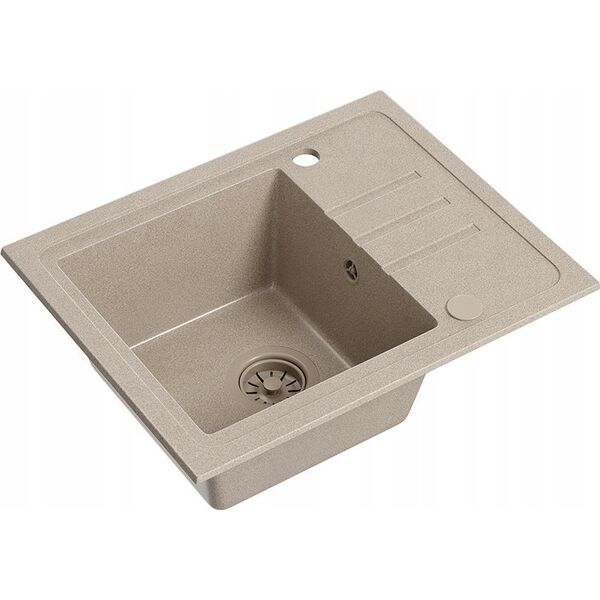 Zlewozmywak BEN 116 zlewozmywak granitowy river sand 55x44 z beżową baterią ze stałą wylewką, z beżowym syfonem i beżową zaślepką 14010814 5905505505997