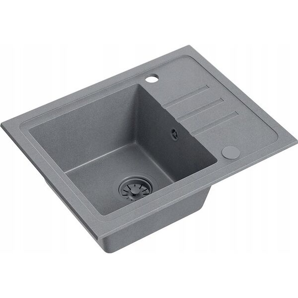 Zlewozmywak BEN 116 zlewozmywak granitowy silver stone 55x44 z szarą baterią z elastyczną wylewką, z szarym syfonem i szarą zaślepką 14010820 5905505506031