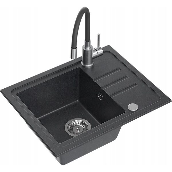Zlewozmywak BEN 116 zlewozmywak granitowy black dotted 55x44 z czarną baterią z elastyczną wylewką, ze stalowym syfonem i zaślepką 14010830 5905505506017