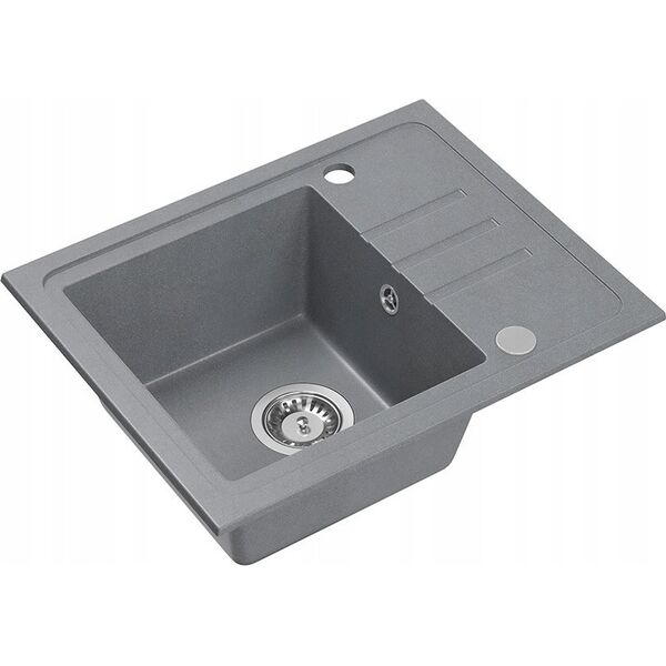 Zlewozmywak BEN 116 zlewozmywak granitowy silver stone 55x44 z szarą baterią z elastyczną wylewką, ze stalowym syfonem i zaślepką 14010838 5905505506000
