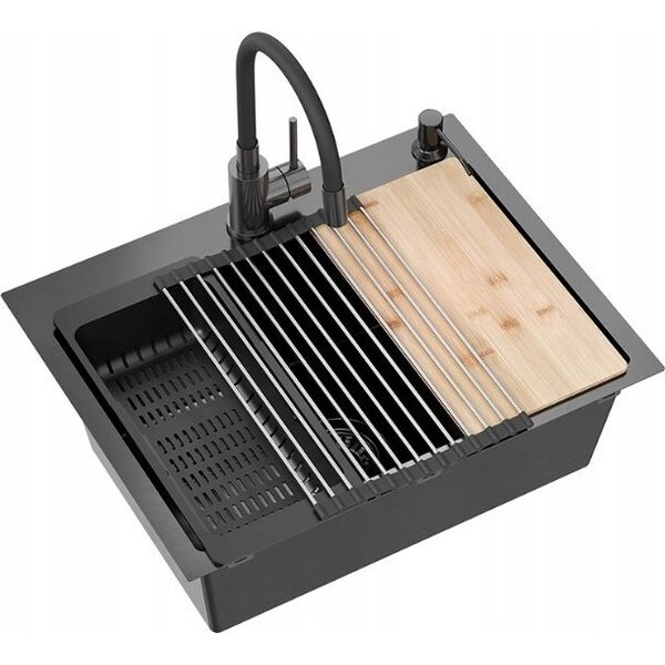 Zlewozmywak QUADRON LUKE 110 WORKSTATION zlewozmywak black metal (58x45x20) z syfonem 1-komorowy b/o + Qmata + Wkładka + Dozownik + Deska + bateria z elastyczną w 14010849 5905505503221