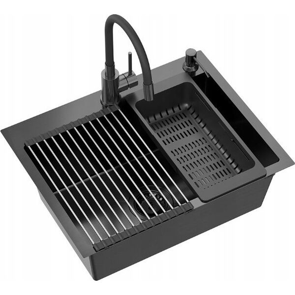 Zlewozmywak QUADRON LUKE 110 WORKSTATION zlewozmywak black metal (58x45x20) z syfonem 1-komorowy b/o + Qmata + Wkładka + Dozownik + Deska + bateria z elastyczną w 14010849 5905505503221