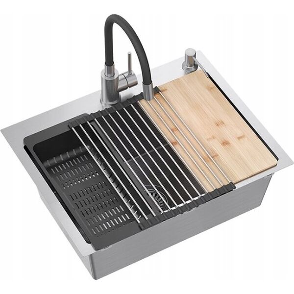 Zlewozmywak QUADRON LUKE 110 WORKSTATION zlewozmywak stalowy (58x45x20) z syfonem 1-komorowy b/o + Qmata + Wkładka + Dozownik + Deska + bateria z elastyczną wylew 14010857 5905505503214