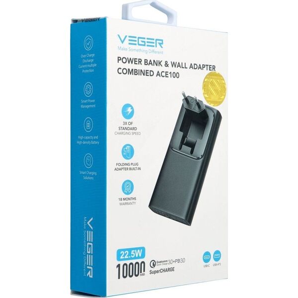 Powerbank Veger VEGER powerbank 10 000 mAh PD QC3.0 20W ACE100 (W1146) czarny 14061875 6970453554884