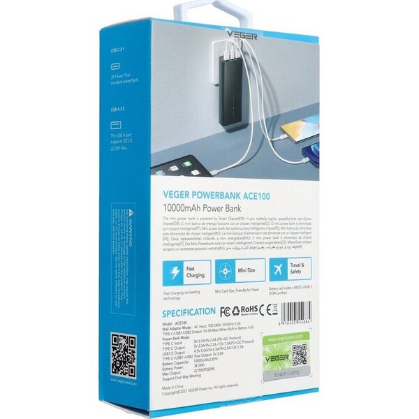 Powerbank Veger VEGER powerbank 10 000 mAh PD QC3.0 20W ACE100 (W1146) czarny 14061875 6970453554884