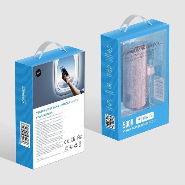 Powerbank Veger VEGER powerbank 5 000 mAh z wbudowanym złączem Lightning PD QC3.0 2,4A 12W PlugOn (W0573P) rózowy 14062128 6970453558530