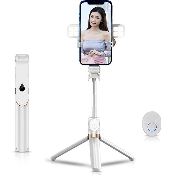 Selfie stick OEM Zestaw / uchwyt selfie z pilotem na bluetooth tripod LED  SSTR-20 biały 14074339 5903396150814