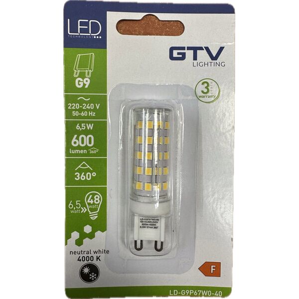 GTV Żarówka LED GTV LD-G9P67W0-40 7W G9 AC220-240V SMD 2835 kąt świecenia 360 560lm 61mA 4000K 14082022 5902801338540