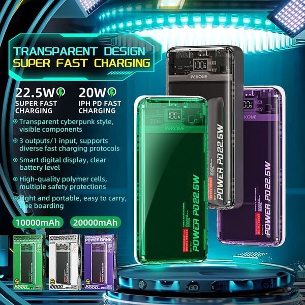 Powerbank Wekome WEKOME WP-353 Vanguard Series - Power bank 10000 mAh PD 20W + QC 22.5W (Zielony / Przezroczysty) 14092433 6941027641095