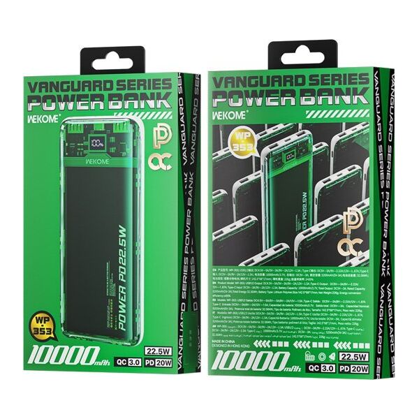 Powerbank Wekome WEKOME WP-353 Vanguard Series - Power bank 10000 mAh PD 20W + QC 22.5W (Zielony / Przezroczysty) 14092433 6941027641095
