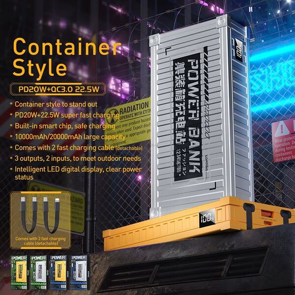 Powerbank Wekome WEKOME WP-339 Container Series - Power bank 10000 mAh Super Charging z wbudowanym kablem USB-C & Lightning PD 20W + QC 22.5W (Srebrny) 14092437 6941027642078