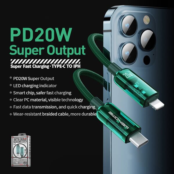 Kabel USB Wekome WEKOME WDC-181 Vanguard Series - Kabel połączeniowy USB-C do Lightning Super Fast Charging PD 20W 1.2 m (Zielony) 14092438 6941027632161
