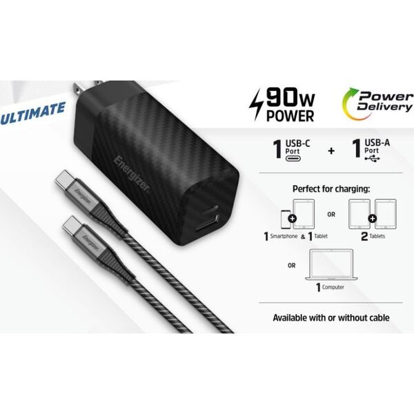 Ładowarka Energizer Energizer Ultimate - Ładowarka sieciowa Multiplug EU / UK / US GaN USB-C & USB-A 90W PD + Kabel USB-C (Czarny) 14093134 3492548232277