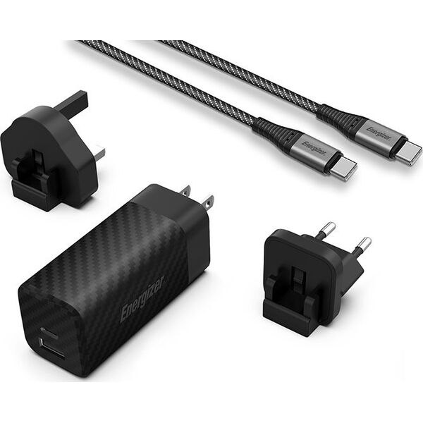 Ładowarka Energizer Energizer Ultimate - Ładowarka sieciowa Multiplug EU / UK / US GaN USB-C & USB-A 65W PD + Kabel USB-C (Czarny) 14093137 3492548232260