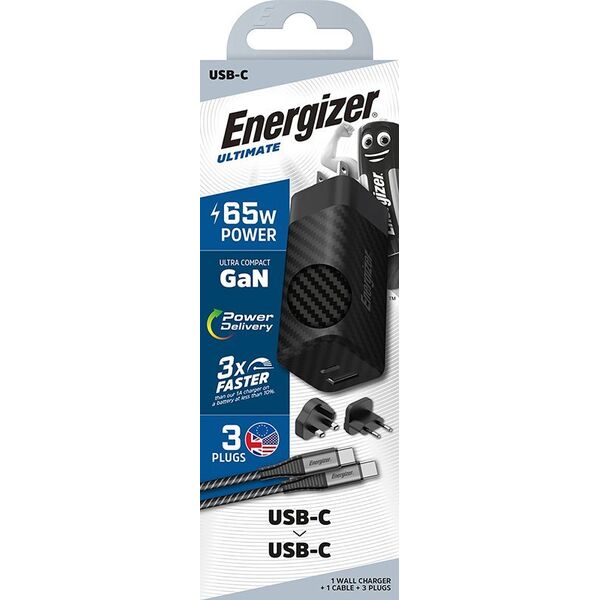 Ładowarka Energizer Energizer Ultimate - Ładowarka sieciowa Multiplug EU / UK / US GaN USB-C & USB-A 65W PD + Kabel USB-C (Czarny) 14093137 3492548232260