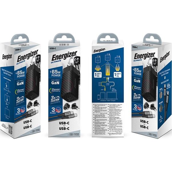 Ładowarka Energizer Energizer Ultimate - Ładowarka sieciowa Multiplug EU / UK / US GaN USB-C & USB-A 65W PD + Kabel USB-C (Czarny) 14093137 3492548232260