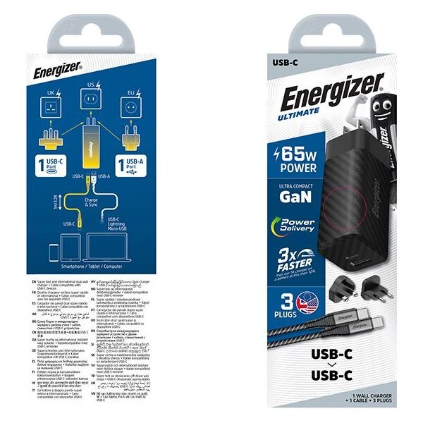 Ładowarka Energizer Energizer Ultimate - Ładowarka sieciowa Multiplug EU / UK / US GaN USB-C & USB-A 65W PD + Kabel USB-C (Czarny) 14093137 3492548232260
