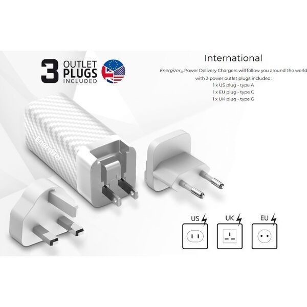 Ładowarka Energizer Energizer Ultimate - Ładowarka sieciowa Multiplug EU / UK / US GaN USB-C & USB-A 65W PD + Kabel USB-C (Czarny) 14093137 3492548232260