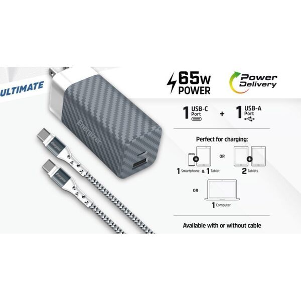 Ładowarka Energizer Energizer Ultimate - Ładowarka sieciowa Multiplug EU / UK / US GaN USB-C & USB-A 65W PD + Kabel USB-C (Czarny) 14093137 3492548232260