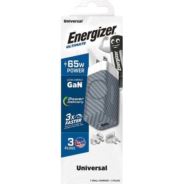 Ładowarka Energizer Energizer Ultimate - Ładowarka sieciowa Multiplug EU / UK / US GaN USB-C & USB-A 65W PD (Srebrny) 14093140 3492548231775