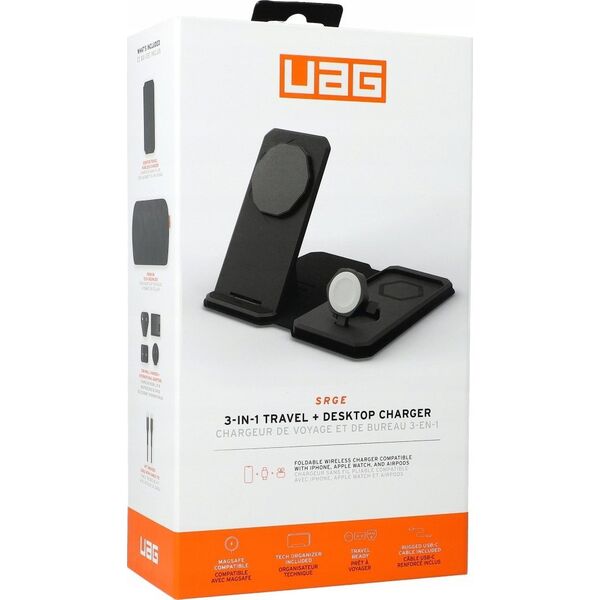 Mophie UAG 3in1 Travel Charger - bezprzewodowa ładowarka podróżna do trzech urządzeń 15W, kompatybilna z MagSafe, kabel, wtyczki i organizer w zestawie (black/gray) 14102904 840283911606