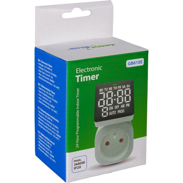 GreenBlue Włącznik czasowy - timer cyfrowy GreenBlue,  max. obciążenie 16A, IP20, GB610 E 14103246 5902211135203