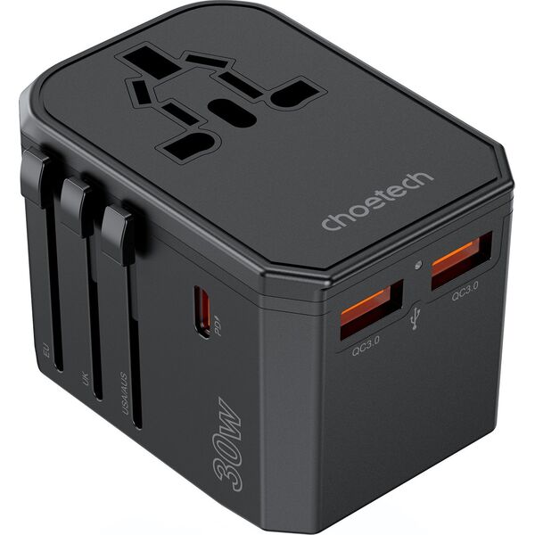 Ładowarka Choetech Uniwersalna ładowarka podróżna USB-C 2x USB-A PD 30W wtyczki USA EU UK AU czarna Uniwersalna ładowarka podróżna USB-C 2x USB-A PD 30W wtyczki USA EU UK AU czarna 14122254 6932112106193