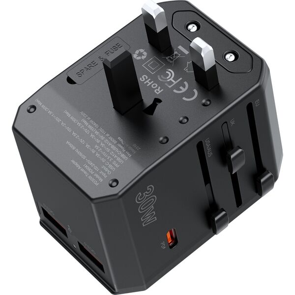 Ładowarka Choetech Uniwersalna ładowarka podróżna USB-C 2x USB-A PD 30W wtyczki USA EU UK AU czarna Uniwersalna ładowarka podróżna USB-C 2x USB-A PD 30W wtyczki USA EU UK AU czarna 14122254 6932112106193