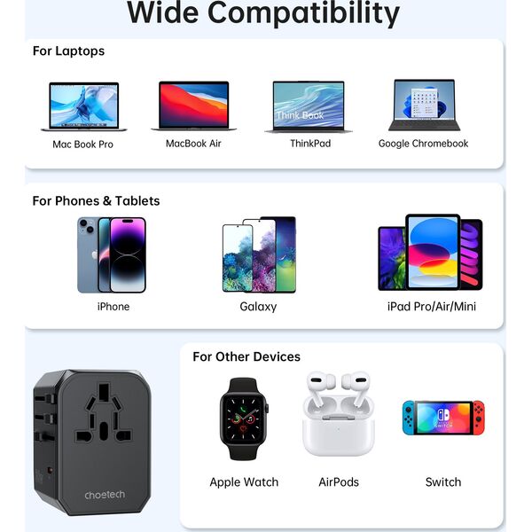 Ładowarka Choetech Uniwersalna ładowarka podróżna USB-C 2x USB-A PD 30W wtyczki USA EU UK AU czarna Uniwersalna ładowarka podróżna USB-C 2x USB-A PD 30W wtyczki USA EU UK AU czarna 14122254 6932112106193